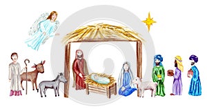 Christmas Crib, Holy Family, Christmas nativity scene with baby Jesus, Mary and Joseph in the manger with sheep, cow