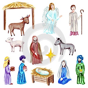 Christmas Crib, Holy Family, Christmas nativity scene with baby Jesus, Mary and Joseph in the manger with sheep, cow