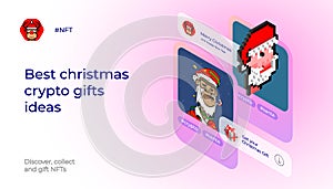 Christmas crypto web banner, with crypto Santa Claus character. Best crypto gift ideas. NFT collection, pixel crypto art