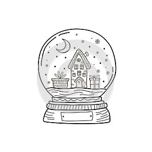 Christmas crystal ball with a house. Vector linear illustration. Gingerbread house with christmas gifts