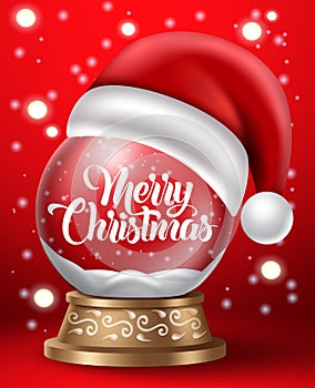 Christmas crystal ball vector design. Merry christmas text in snow globe element with santa claus hat for xmas winter holiday.