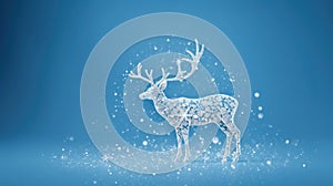 Christmas crystal shiny Reindeer with white snowflakes on blue bokeh winter glitter background. Xmas magic Reindeer background,