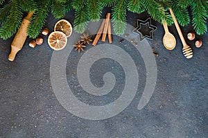 Christmas culinary background for menu or recipe. Spices for baking and fir branches on concrete