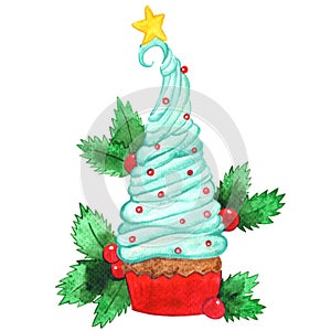 Christmas cup cake watercolor illustration for Christmas.