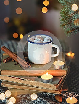 Christmas cup of cocoa with marshmallows. A mug with a delicious hot drink . New Year's mood, atmosphere. Happy