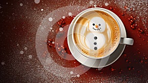 Christmas cup of coffee with latte art, milk foam snowman. Cozy atmosphere. Holiday background with copy space