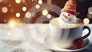 Christmas cup of coffee with latte art, milk foam snowman. Cozy atmosphere. Holiday background with copy space