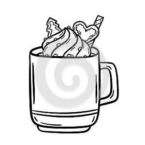 Christmas cup with Hot chocolate or coffee with whipped cream and waffle rolls. Vector illustrations in cartoon style