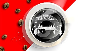 Christmas in cup off coffee and beans from above. Hot drink smell of christmas. Winter coffee shop background. -Vector