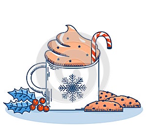 Christmas cup of Whipped coffee milk and sweet chocolate chip cookies. Vector blue winter Chriistmas card with red holly berry on