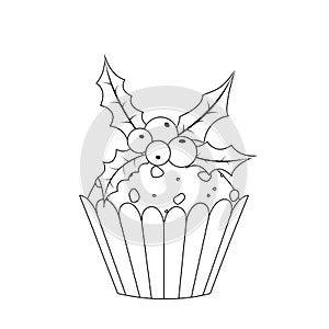 Christmas cupcake coloring page. Black and white cupcake, berries, ilex. Vector