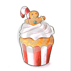 A Christmas cupcake with a gingerbreadman watercolor illustration