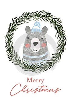 Christmas cute bear, winter holiday design greeting card with merry Christmas text