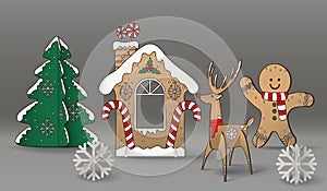 Christmas cute cardboard scene - Reindeer, Gingerbread, Snowflake and Tree