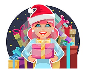 Christmas cute cartoon girl hold gift box in hands new year pile of gifts background flat design character vector