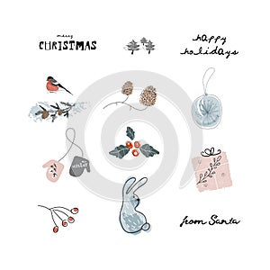 Christmas cute cartoon illustration clipart with different winter holidays symbols