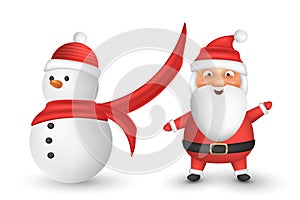 Christmas cute cartoon santa claus and snowman with hat and scarf isolated on white background. Simple 3d emotional characters for