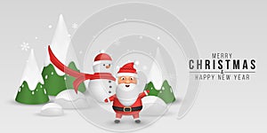 Christmas cute cartoon santa and snowman on the background of decorative fir trees with snowflakes. 3d emotional characters for