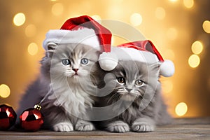 Christmas cute funny baby kittens in red Santa hat