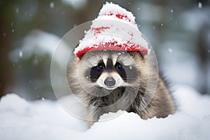 Christmas cute funny baby raccoon in forest