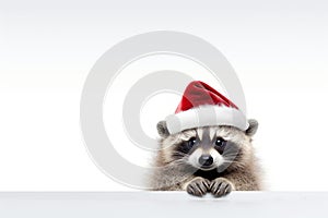 Christmas cute funny baby raccoon in Santa hat