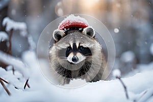 Christmas cute funny baby raccoon at winter