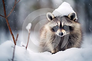 Christmas cute funny baby raccoon in winter forest