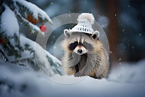 Christmas cute funny baby raccoon in the woods