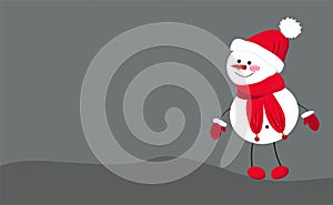 Christmas Cute Little Cheerful Snowman with Red Scarf and Santa Cap. Christmas cute cartoon character