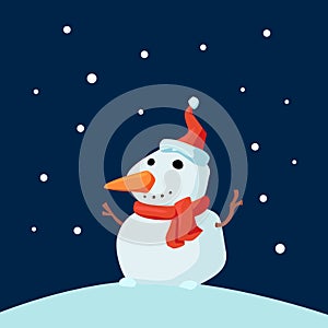 Christmas Cute Little Cheerful Snowman with Red Scarf and Santa Cap in snow. Christmas cartoon character.