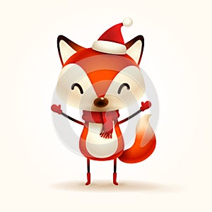 Christmas Cute Little Fox with Red Scarf and Santaâ€™s Cap