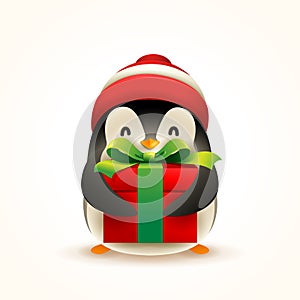 Christmas Cute Little Penguin with Santaâ€™s Cap and Gift Present.