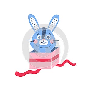 Christmas cute rabbit in present box. Winter symbol of 2023 year. New year mascot. vetor flat animal character, isolated