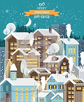 Christmas cute snow night town with city roads, cars and cute houses. Happy New Year vector template in modern flat design.