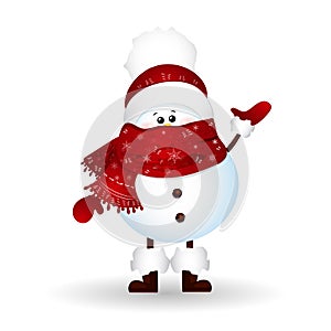 Christmas Cute Snowman with scarf and red santa claus hat , greetings isolated on white background.