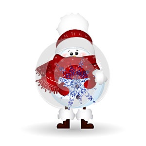 Christmas Cute Snowman with scarf and red santa claus hat , holding a snowflake isolated on white background.