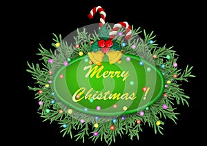 Christmas 3D pine tree branches wreath banner Merry Christmas text on black background