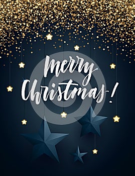 Christmas dark background with shiny golden glitter, three-dimensional stars and lettering. Minimalistic vector design.