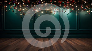 Christmas dark green wall background, dark wooden parquet floor and multicolored garlands with hanging Christmas balls and toys