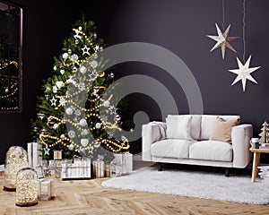 Christmas dark Living Room interior in Scandinavian style. Christmas tree with gift boxes and twinkle, white sofa on wall Mockup,