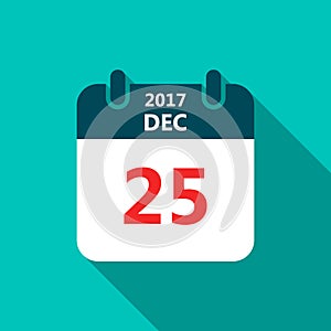 Christmas Day 25 December Calendar Icon. Vector illustration in flat style with long shadow