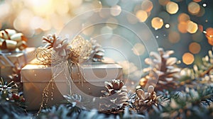 Christmas day gift presents wrapped in boxes under the festive tree with a bokeh background