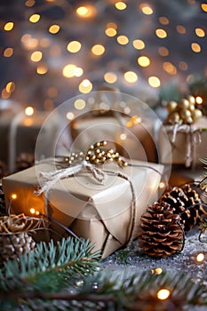 Christmas day gift presents wrapped in boxes under the festive tree with a bokeh background