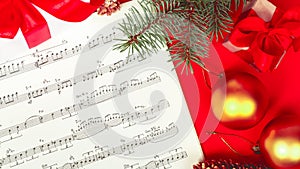 Christmas decor on the background of musical notes