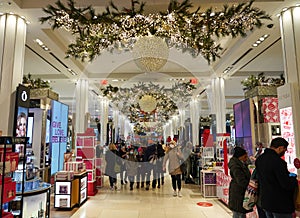 Christmas decor with Believe campaign theme at Macy`s flagship store at Herald Square in New York