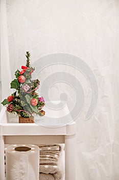 Decorazione decorato poco un albero rack sul scaffali il bagno sul bianco 