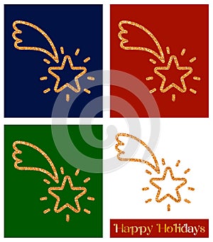Christmas decor with golden glitter texture. Shooting star - greeting card template and vector design element