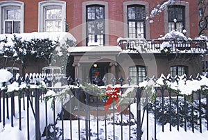 Christmas decor on historic home of Gramercy Park after winter snowstorm in Manhattan, NY photo