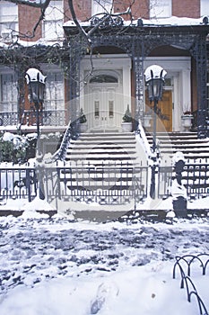 Christmas decor on historic home of Gramercy Park after winter snowstorm in Manhattan, NY photo