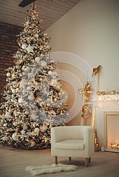 Christmas decor. Holiday at home. Christmas room with a beautiful Christmas tree